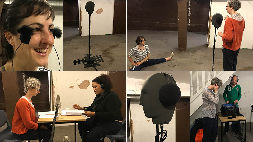 Hannah Bruce and Company - 'Disrupting the Everyday'. 6 image of recording the work in the basement of the old Soho Poly Theatre. [clockwise from top left] Sophie Arstall wearing wireless microphones; ‘Beryl’ the binaural microphone; Sophie and Hannah Bruce considering the effectiveness of early takes; Hannah and Rommi Smith recording; ‘Beryl’ modelling her ear defenders; Hannah Bruce and Jonathan Eato listening back to recordings made on location.